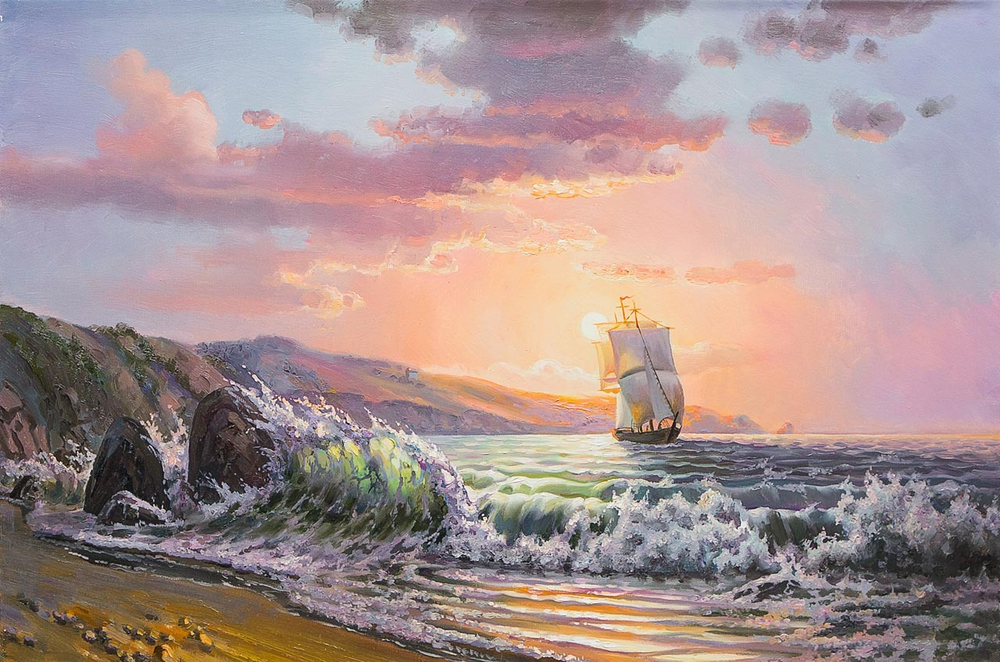 Картина маслом "Вечер на море" Дельцов
