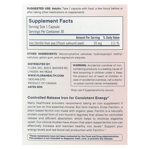 Flora, Ferritin+®, растительный ферритин (железо), 30 веганских капсул с отсроченным высвобождением (20 мг в 1 капсуле)