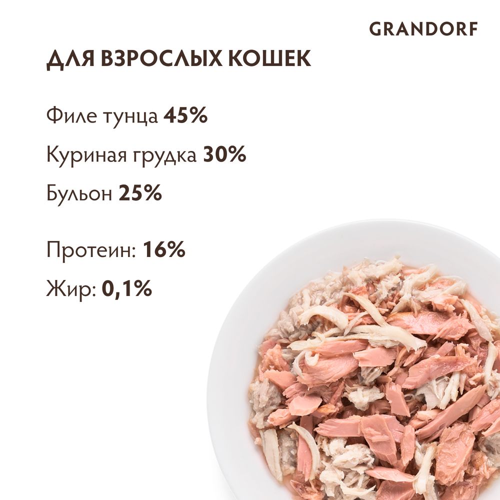 Консервы Grandorf для кошек, филе тунца и куриной грудкой Консервы Grandorf для кошек, филе тунца и куриной грудкой