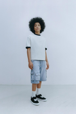 ZARA ДЖИНСОВЫЕ ШОРТЫ КАРГО СВОБОДНОГО КРОЯ, ЗЕЛЕНОВАТО-СИНИЙ