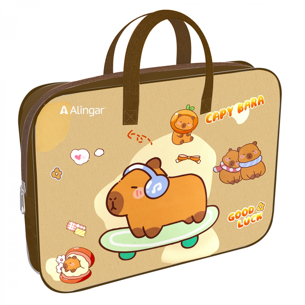 Папка с ручками 1 отделение, А4 260х340х80 мм, Alingar, "Капибара", ПВХ, ручки тесьма, дизайн с одной стороны, молния сверху, внутр. карман