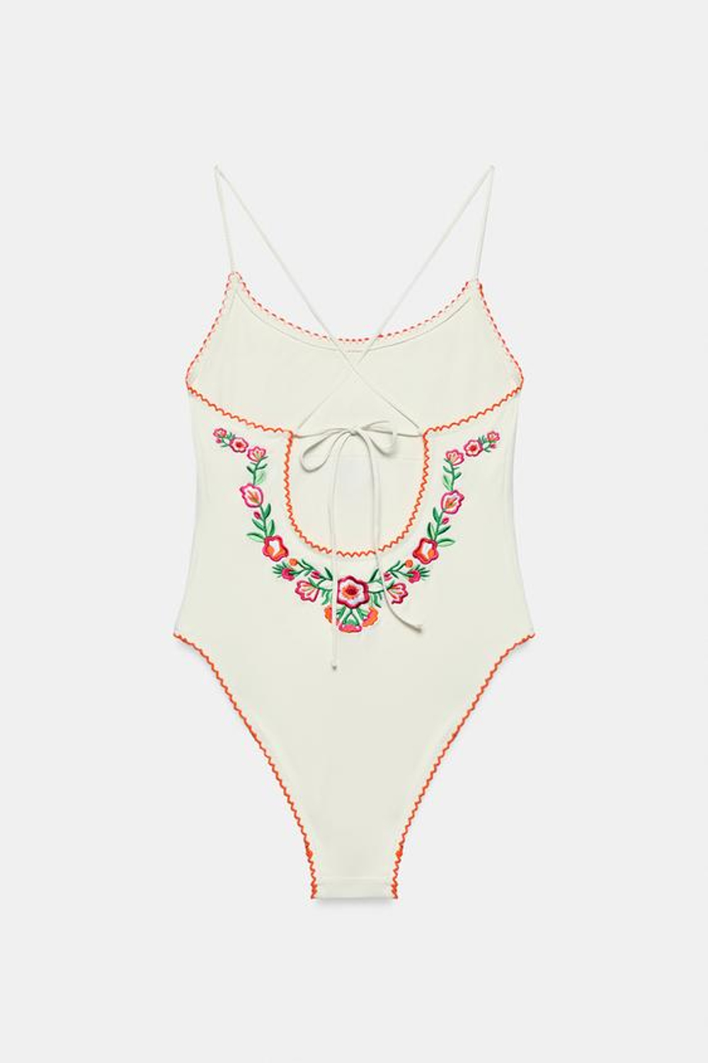 ZARA КУПАЛЬНИК С ВЫШИВКОЙ В ВИДЕ ЦВЕТОВ, ЭКРЮ