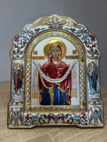 Покрова БМ, икона арочная с рамкой, белое дерево, эмаль 167х228
