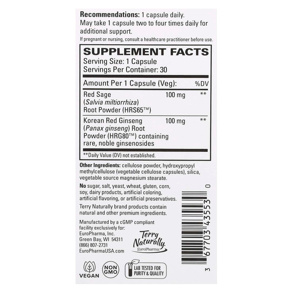 Terry Naturally, Red Sage Plus с HRG80 красным женьшенем, 30 капсул