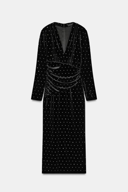 ZARA БАРХАТНОЕ ПЛАТЬЕ МИДИ С БЛЕСТКАМИ, ЧЕРНЫЙ