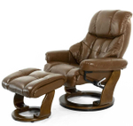 Кресло реклайнер с пуфом для ног Relax Lux 7438W, натуральная кожа коричневая (034), основание дерево темный орех (029)