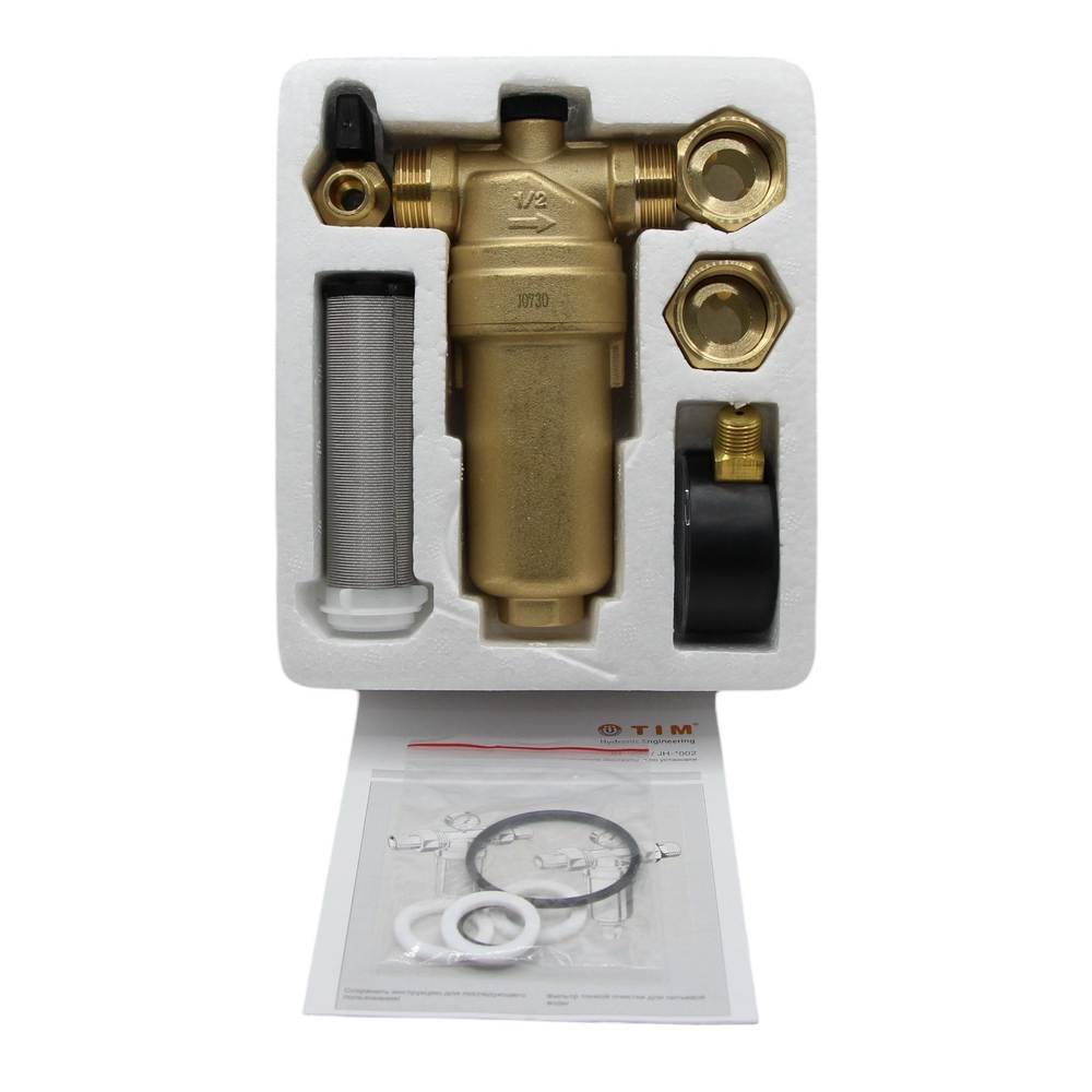 Фильтр самопромывной TIM 1/2" с манометром и латунным корпусом