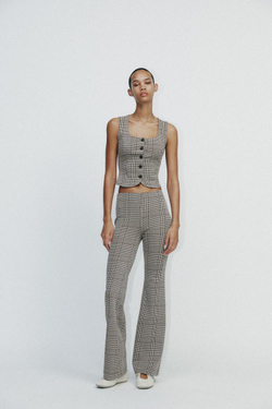 ZARA ТОП ИЗ ИНТЕРЛОКА БЕЗ РУКАВОВ, ЭКРЮ/КОРИЧНЕВЫЙ