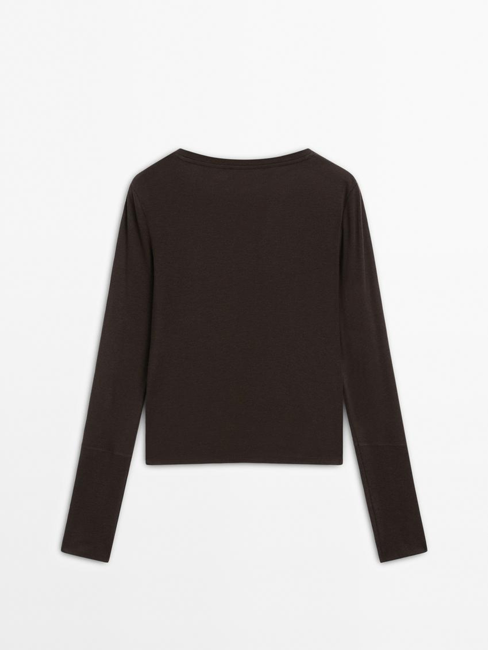 Massimo Dutti Трикотажная футболка с манжетами, коричневый