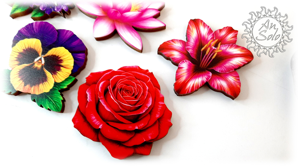 Магниты серия "Цветочная симфония" из кедра в ассортименте 1 часть