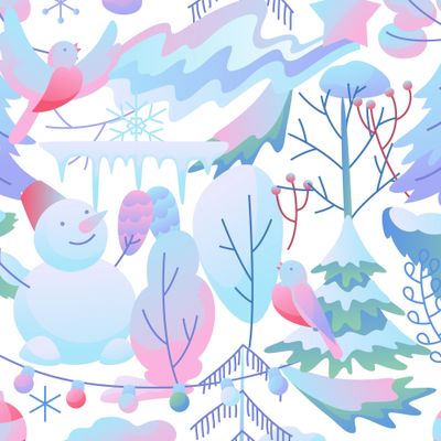 Зима снеговик снегирь елки в голубых тонах на белом