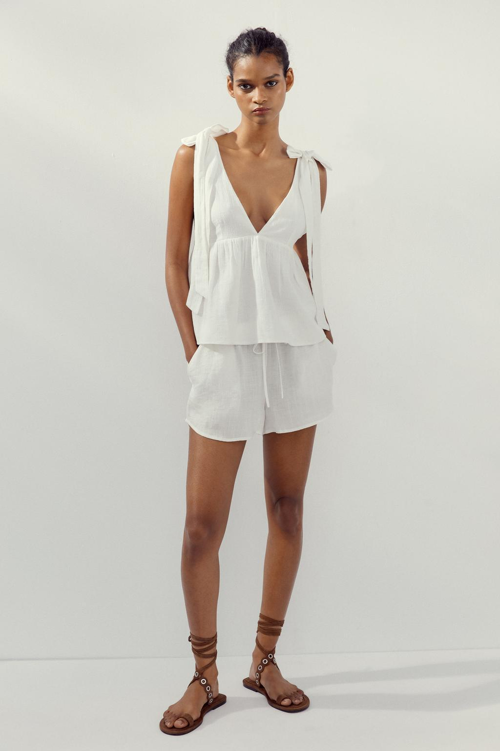 ZARA ТОП С БАНТАМИ, ЖЕЛТОВАТО-БЕЛЫЙ