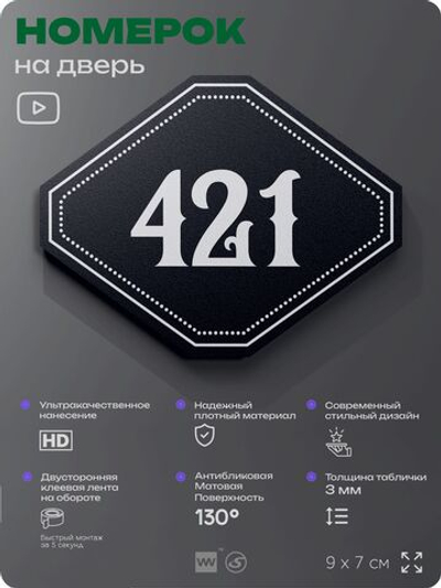 Номерок на дверь квартиры 421, для кабинета, офиса, шильдик 9 х 7 см, черный, Айдентика Технолоджи