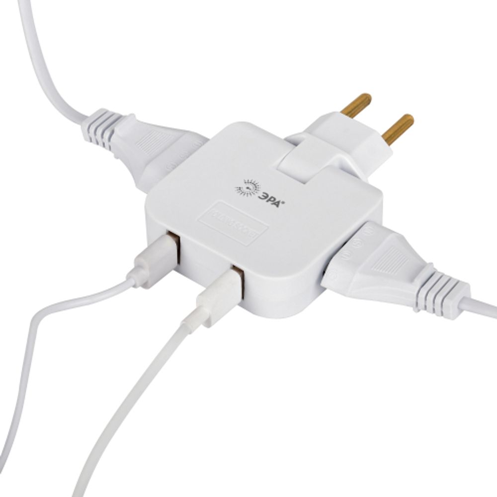 Разветвитель электрический ЭРА SPF-2-FL-USB поворотный на 2 розетки + 2USB 10А белый | Электротовары
