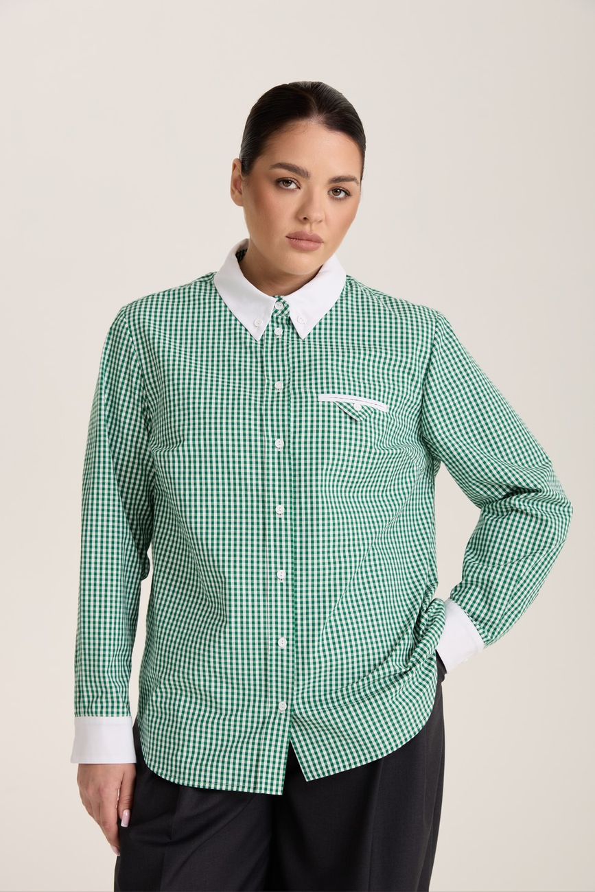 Рубашка в клетку с белым воротником, зеленый