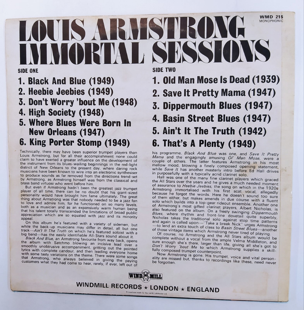 Louis Armstrong Immortal Sessions UK 1974