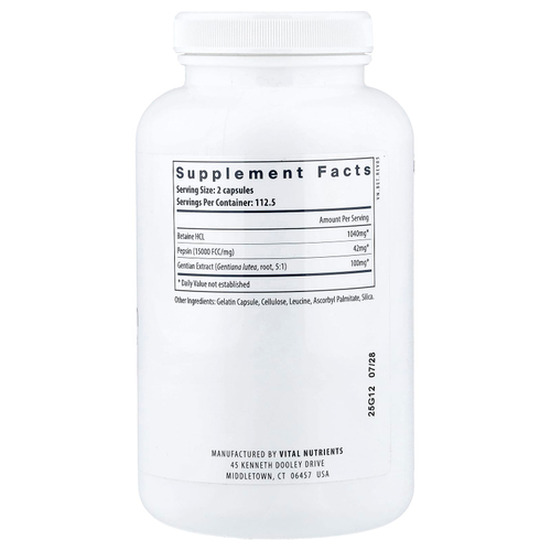 Vital Nutrients, бетаин гидрохлорид пепсин с экстрактом корня горечавки, 225 капсул
