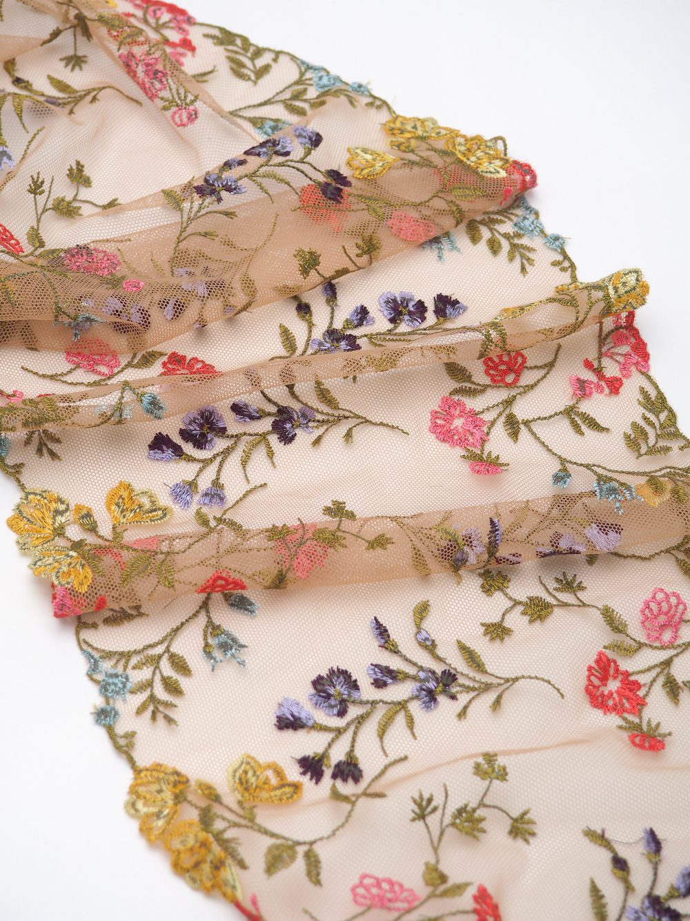 Вышивка на сетке телесная с мультиколор неэластичная ширина 21 см ОТРЕЗЫ