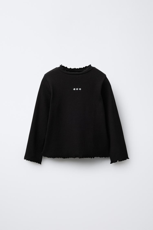 ZARA ФУТБОЛКА В РУБЧИК С ВЫШИВКОЙ, ЧЕРНЫЙ