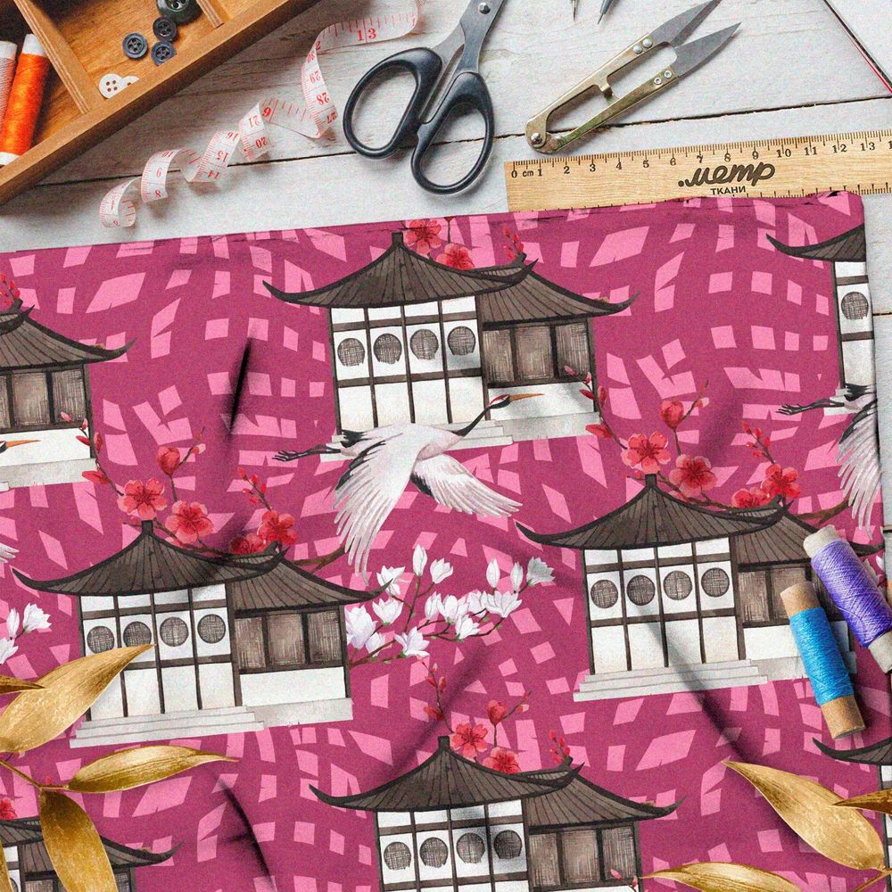 Ткань лён журавль и китайский дом