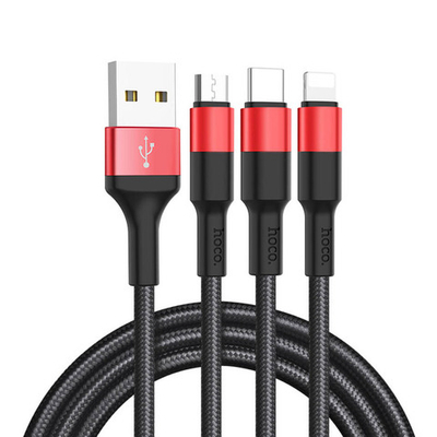 Кабель USB HOCO X26 Xpress 3 в 1 для Lightning, Micro USB, Type-C, 2.0A, 1 м, черный с красным