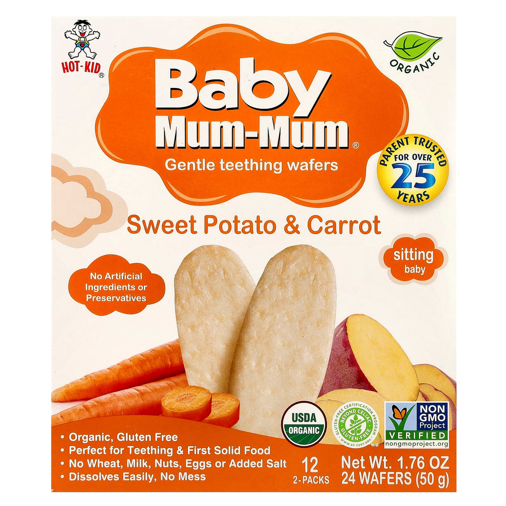 Hot Kid, Baby Mum-Mum®, печенье для прорезывания зубов, батат и морковь, 12 упаковок по 2 печенья