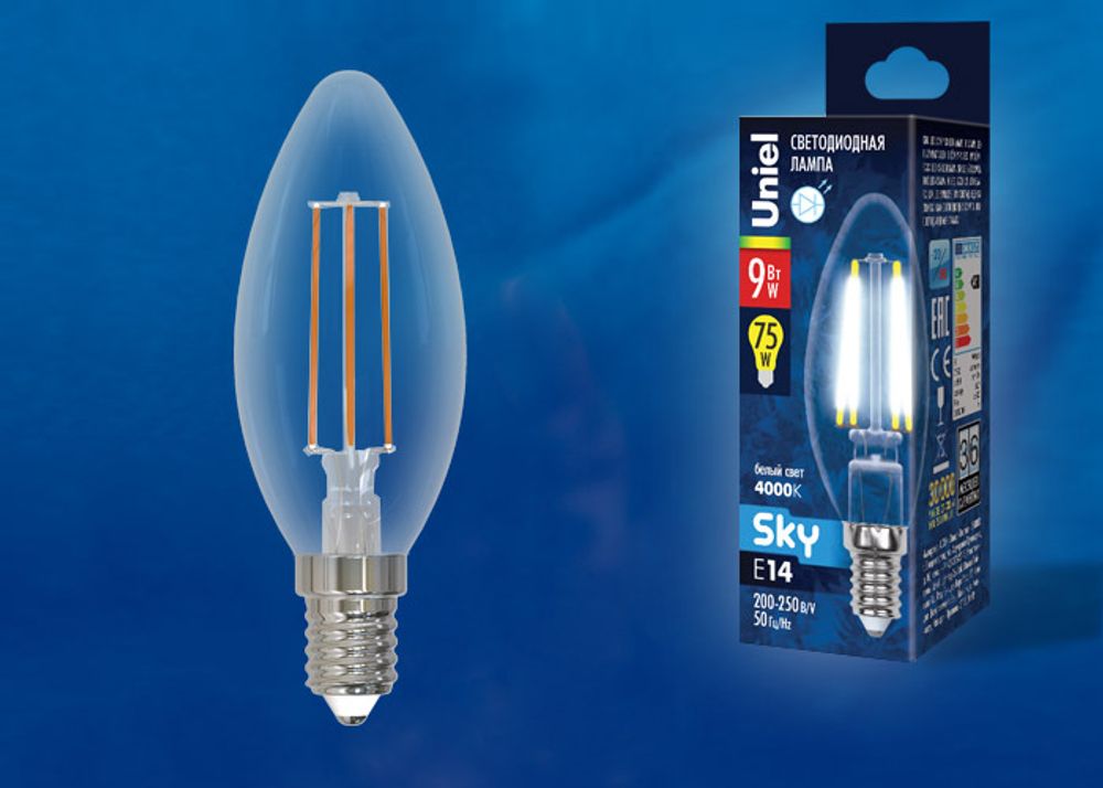 LED-C35-9W/4000K/E14/CL PLS02WH Лампа светодиодная. Форма свеча, прозрачная. Серия Sky. Белый свет (4000К). Картон. ТМ Uniel.