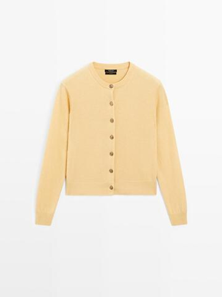 Massimo Dutti Кардиган из 100% шерсти с золотистыми пуговицами, соломенный