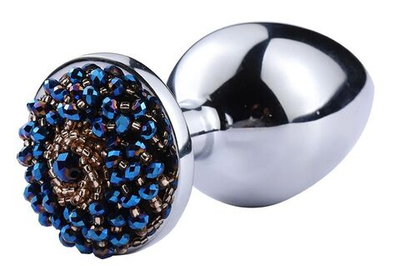 Серебристая анальная пробка с синим бисером - 8,1 см. (Цвет: синий)