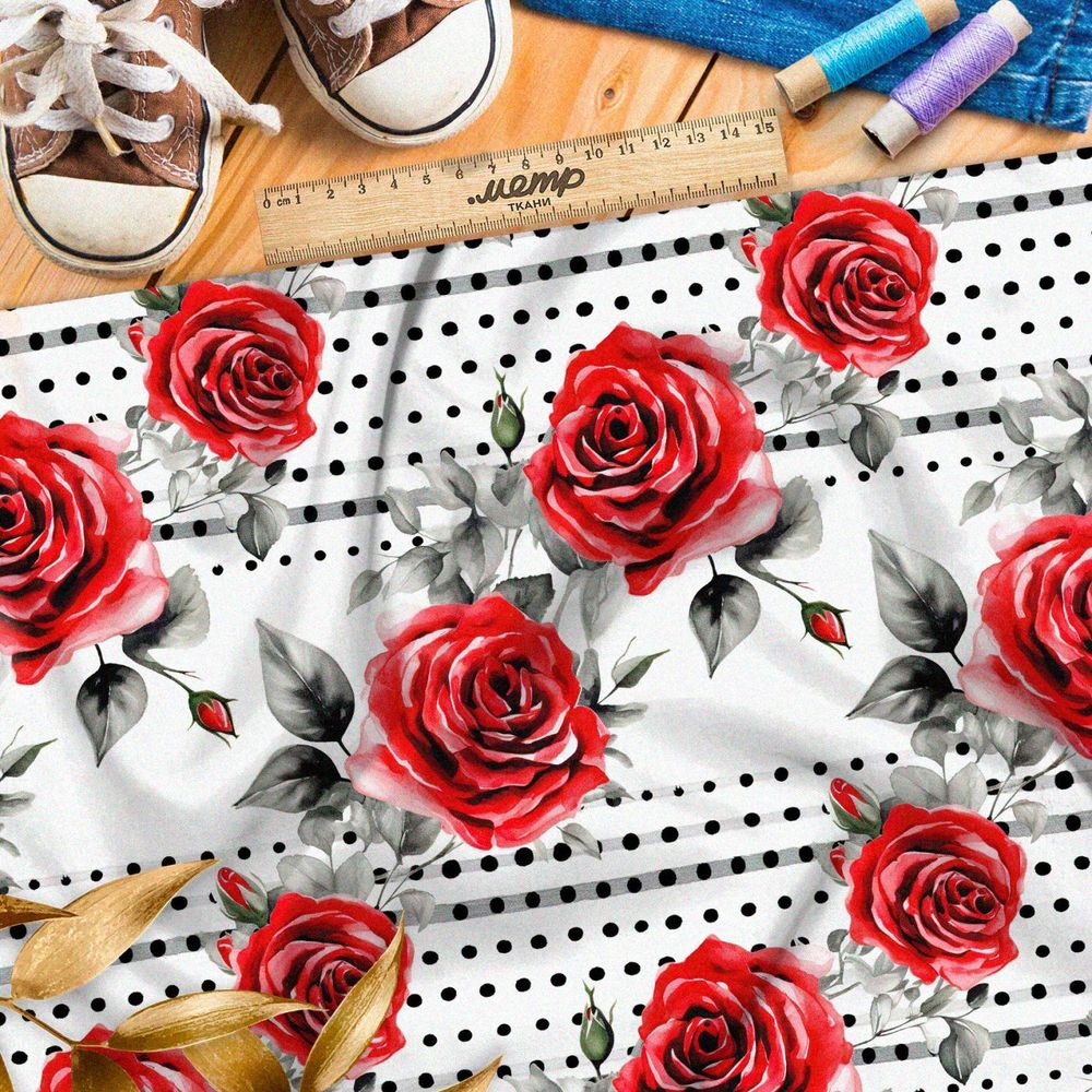 Ткань премиум Оксфорд 600D розы на черном горохе