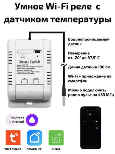 Умное Wi-Fi реле 16A с ваттметором, внешний датчик Алиса