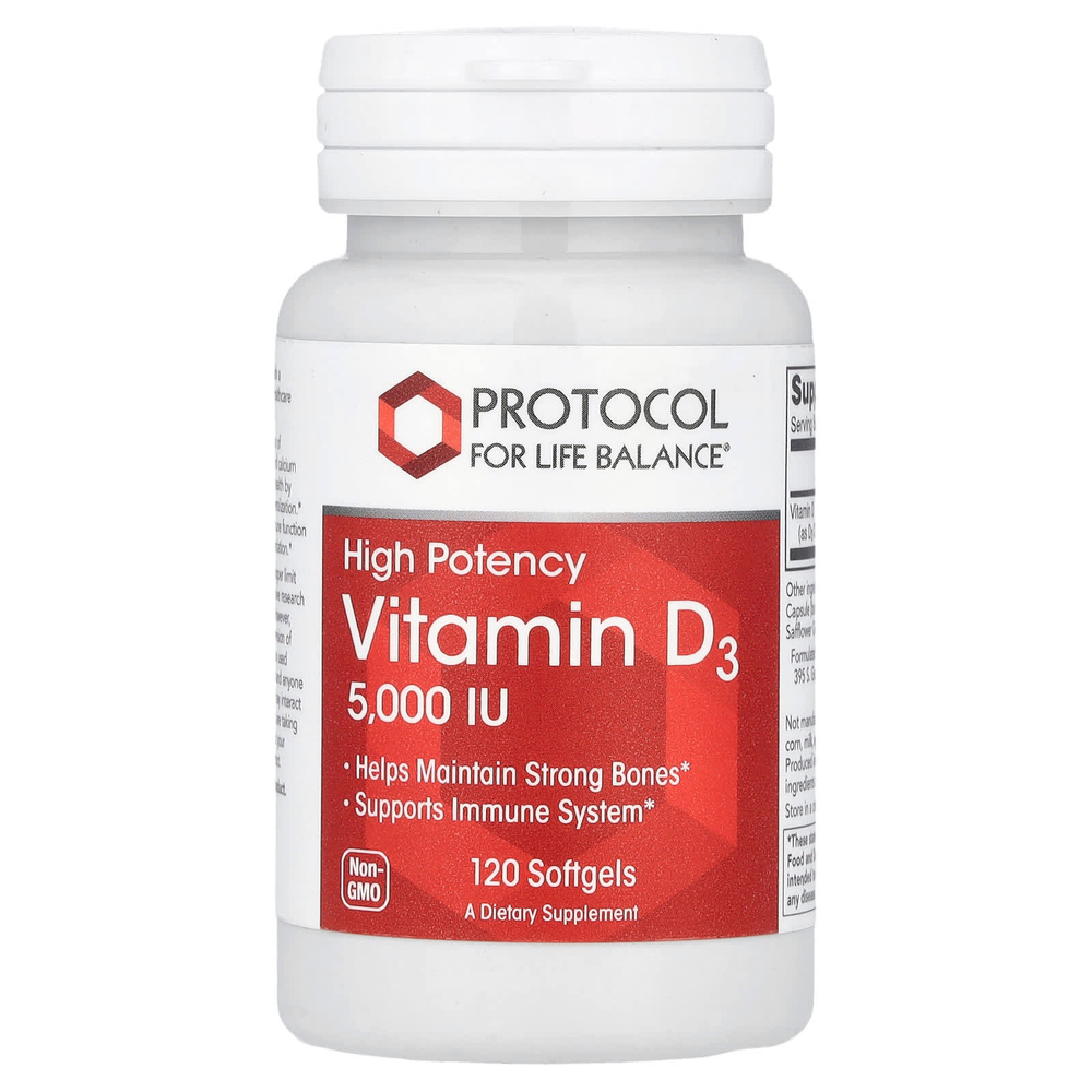 Protocol for Life Balance, высокоактивный витамин D3, 125 мкг (5000 МЕ), 120 капсул