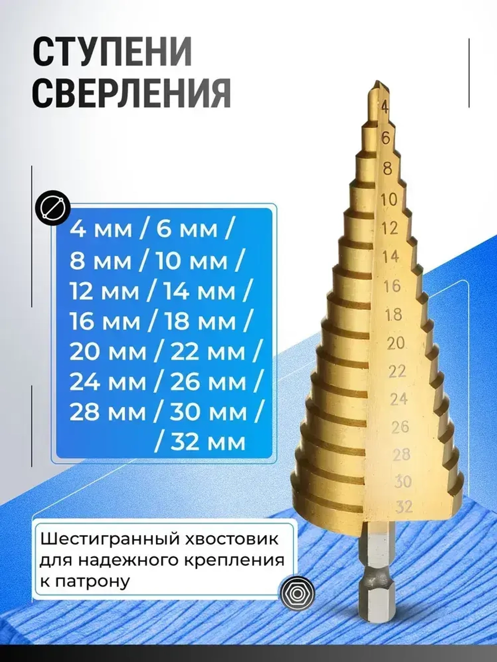 Сверло ступенчатое по металлу, сверло по металлу, для отверстий 4-32 мм, с титановым покрытием