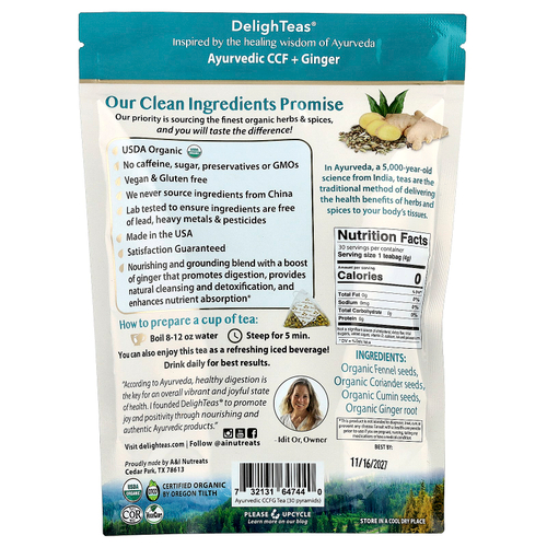 DelighTeas, Аюрведический кумин, кориандр и фенхель, травяной чай для выведения токсинов, без кофеина, 30 роскошных пакетиков-пирамидок, 120 г (4,2 унции)