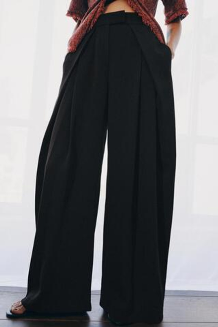 ZARA БРЮКИ WIDE LEG С ЗАЩИПАМИ — ZW COLLECTION, ЧЕРНЫЙ