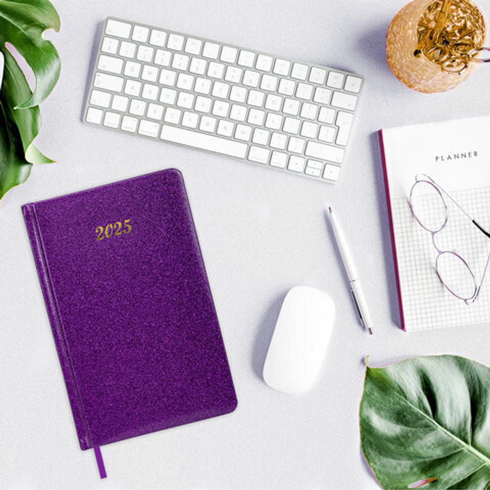 Ежедневник датированный 2025, А5, 138x213 мм, BRAUBERG "Sparkle", под кожу, блестки, фиолетовый, 115857