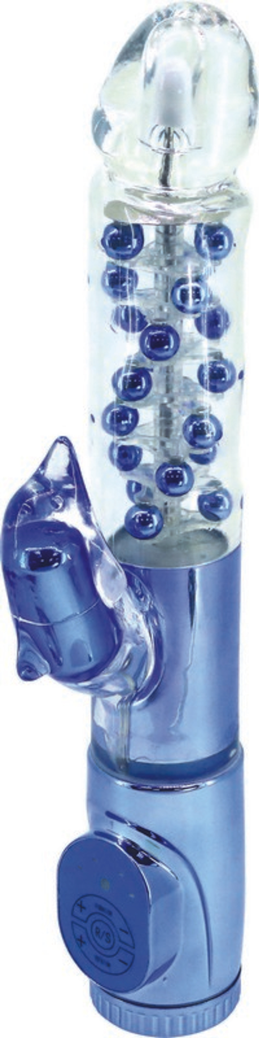 Синий вибратор с клиторальным стимулятором в виде дельфина - 17 см.