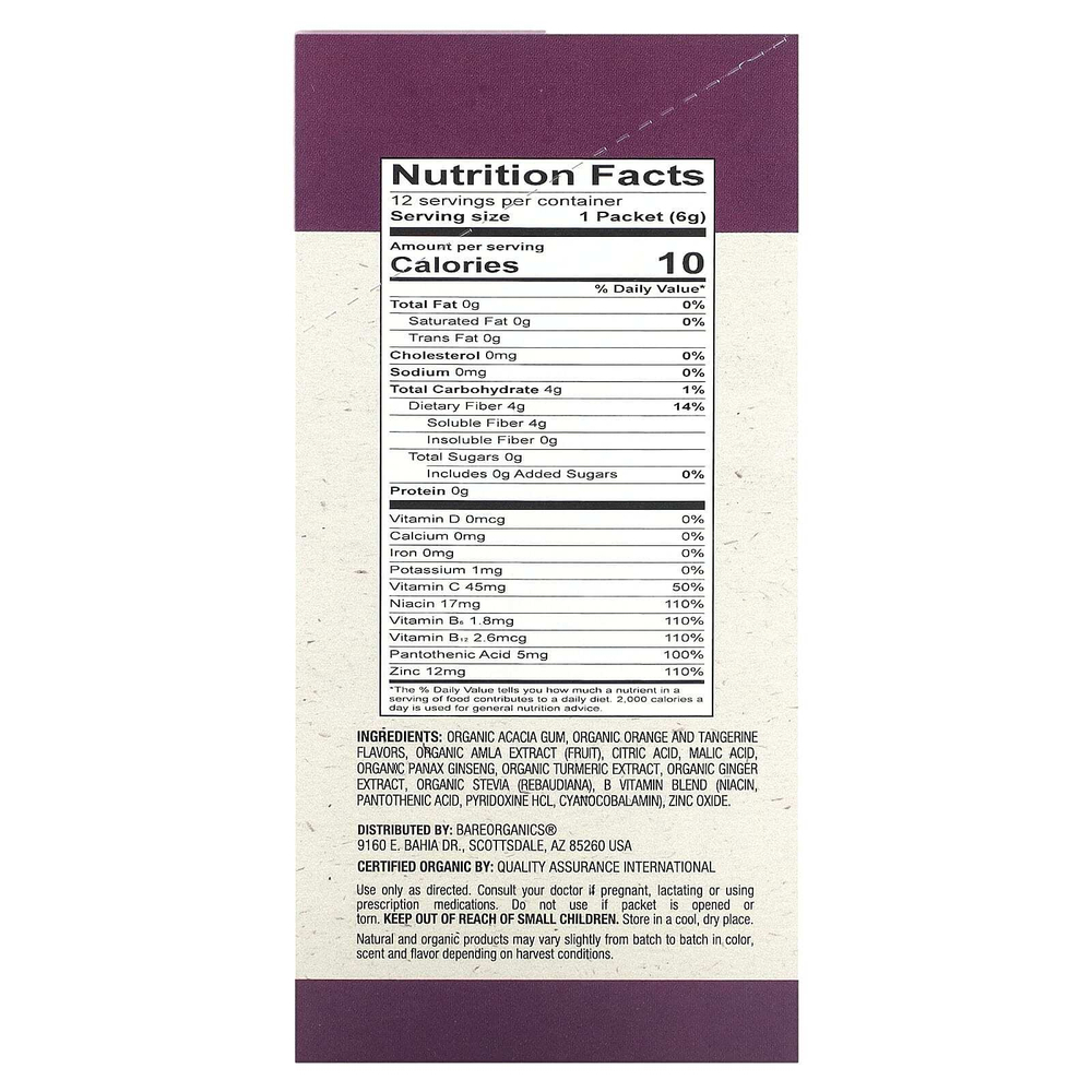 BareOrganics, Immunity, Superfood Water Enhancer, органический апельсин и мандарин, 12 пакетиков в стиках по 6 г (0,21 унции)