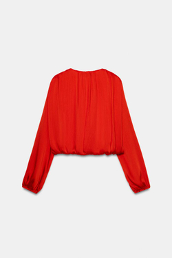 ZARA АТЛАСНАЯ БЛУЗА ОБЪЕМНОГО КРОЯ, КОРАЛЛОВО-КРАСНЫЙ