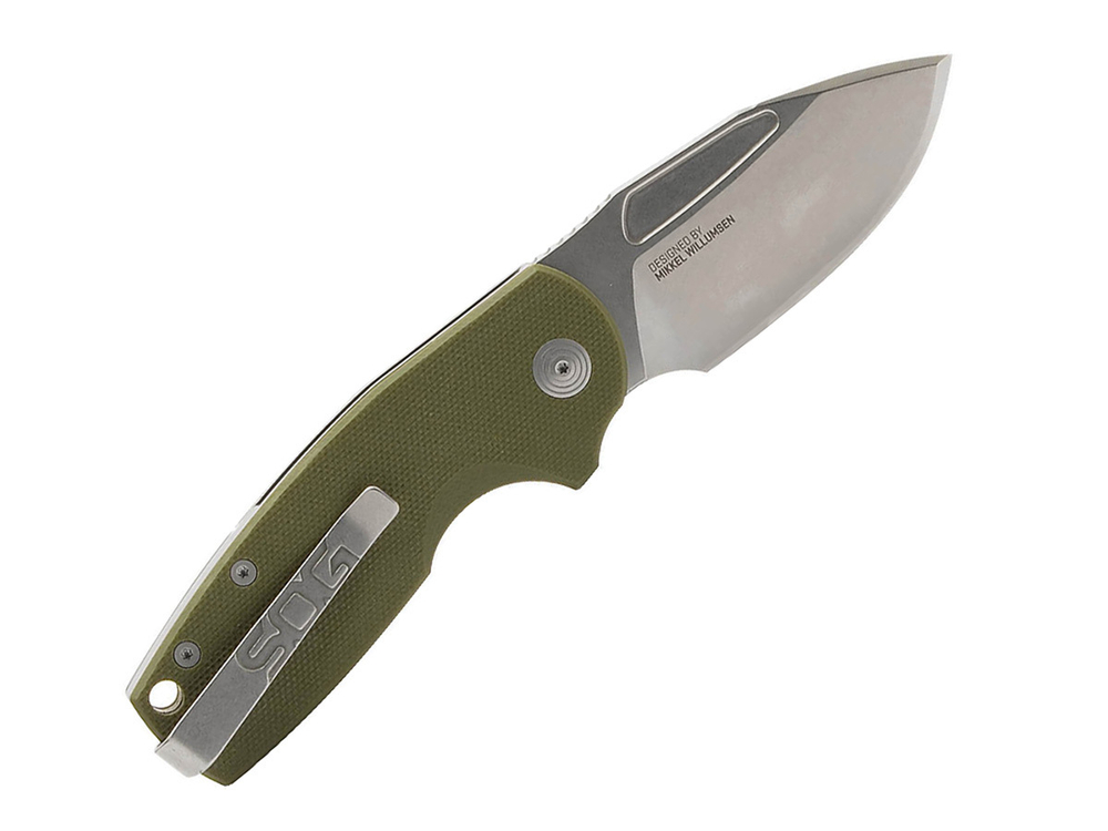 Нож складной SOG Stout SJ OD Green Stonewash, сталь Cryo D2, рукоять G10, 96г