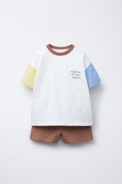 ZARA КОМПЛЕКТ ИЗ ФУТБОЛКИ И ШОРТОВ-ДЖОГГЕРОВ В СТИЛЕ КОЛОР-БЛОК, КОРИЧНЕВЫЙ