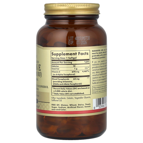 Solgar, витамин E, d-альфа-токоферол, d-гамма-токоферол, d-дельта-токоферол и d-бета-токоферол, 100 капсул