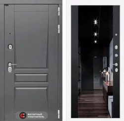 Входная дверь в квартиру с зеркалом Лабиринт Платинум альберо грей / зеркало тонированное Максимум кварц черный