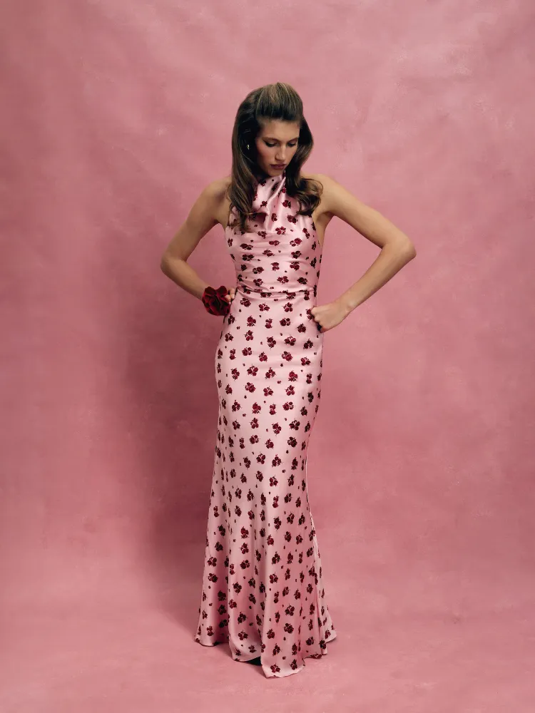 Esty maxi, платье макси из светло-розового атласа с цветочным принтом
