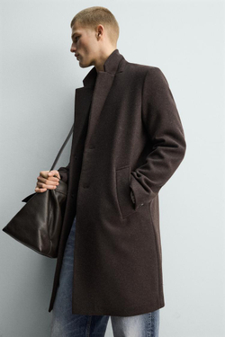 ZARA ПАЛЬТО КЛАССИЧЕСКОГО КРОЯ ИЗ ШЕРСТИ, КОРИЧНЕВЫЙ
