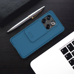 Усиленный двухкомпонентный чехол синего цвета для OnePlus 10T 5G  и Ace Pro от Nillkin, серия CamShield Pro Case, с сдвижной крышкой для камеры
