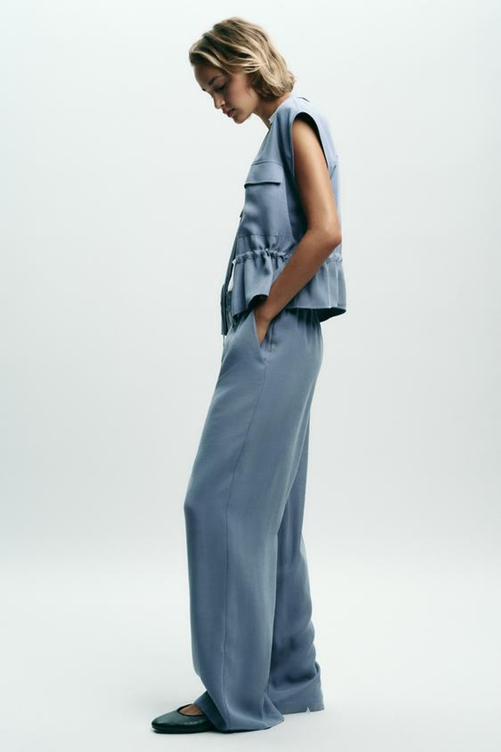 ZARA ШИРОКИЕ БРЮКИ ИЗ МЯГКОЙ ТКАНИ, СЕРО-СИНИЙ