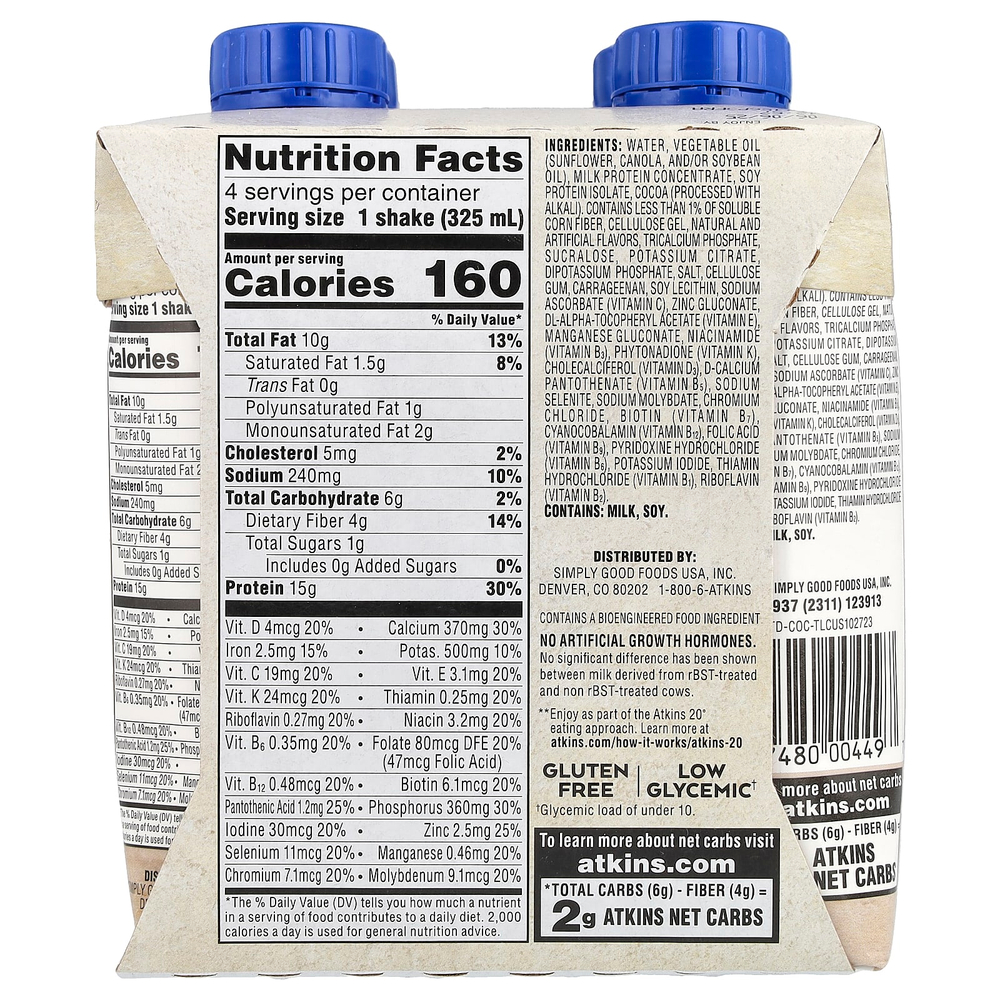 Atkins, Насыщенный протеином коктейль, сливочный шоколад и кокос, 4 коктейля, по 325 мл (11 жидк. унц.)