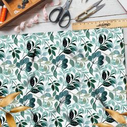 Ткань сатин акварельные листочки и цветочки