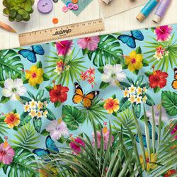 Ткань бязь реалистичные петуньи и бабочки на голубом фоне